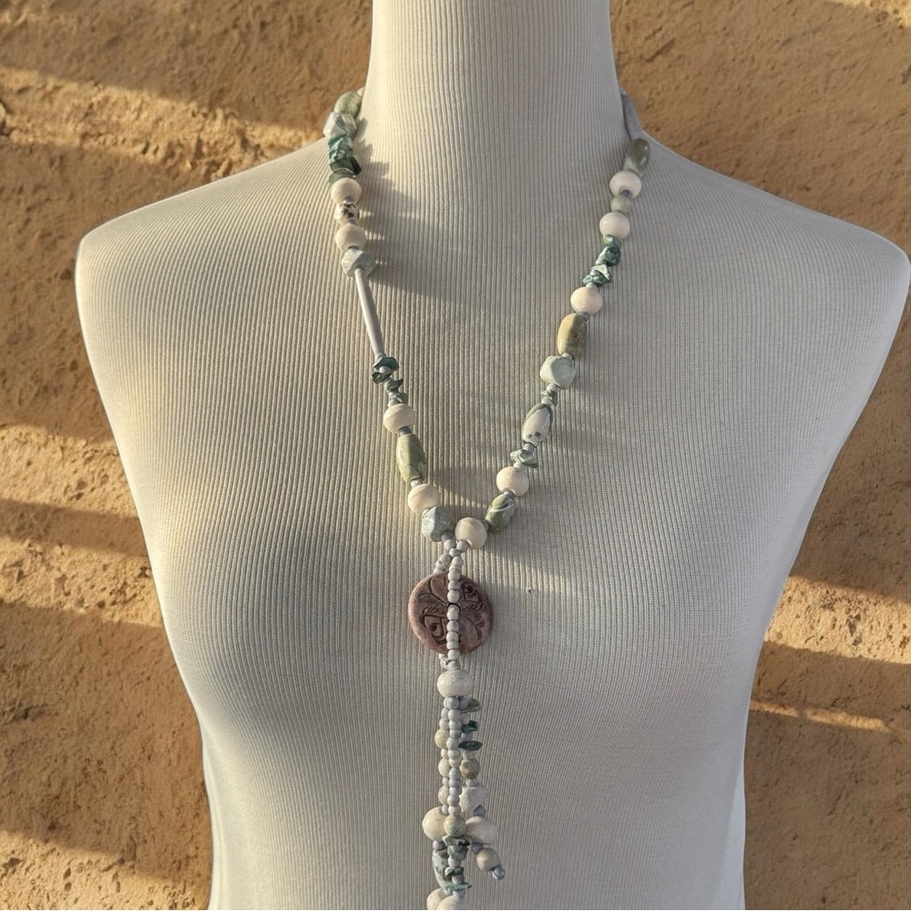 Vtg 1990s Carved Soapstone & Mixed Stone Beaded Necklace Artisan Boho Statement